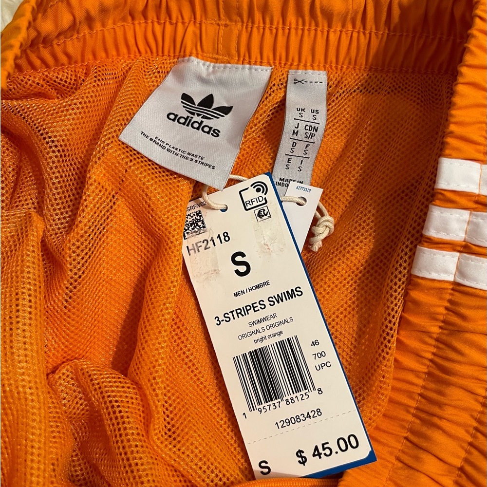 NWT Adidas Three Stripe Swim Trunks Shorts Orange Men Size S Trefoil Originals - Picture 9 of 14